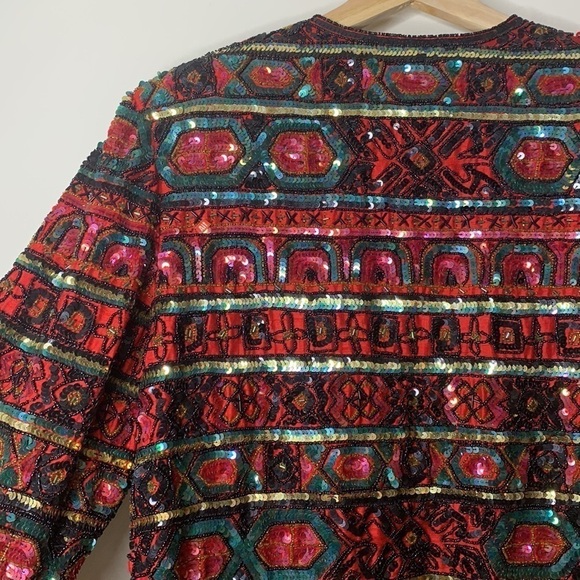 Papell Boutique || Vintage Heavily Beaded Sequin Silk Open Front Top Jacket M - Picture 13 of 17